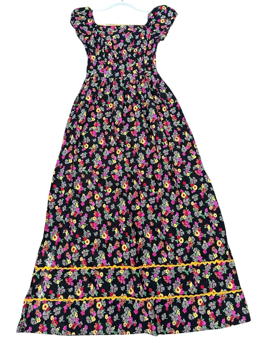 Black Floral Maxi Dress with Pink & Yellow Blooms
